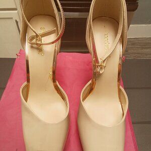 6 INCH Tan Open Toe Stilettos with Metallic Gold Toe Soles and Anklet Straps.